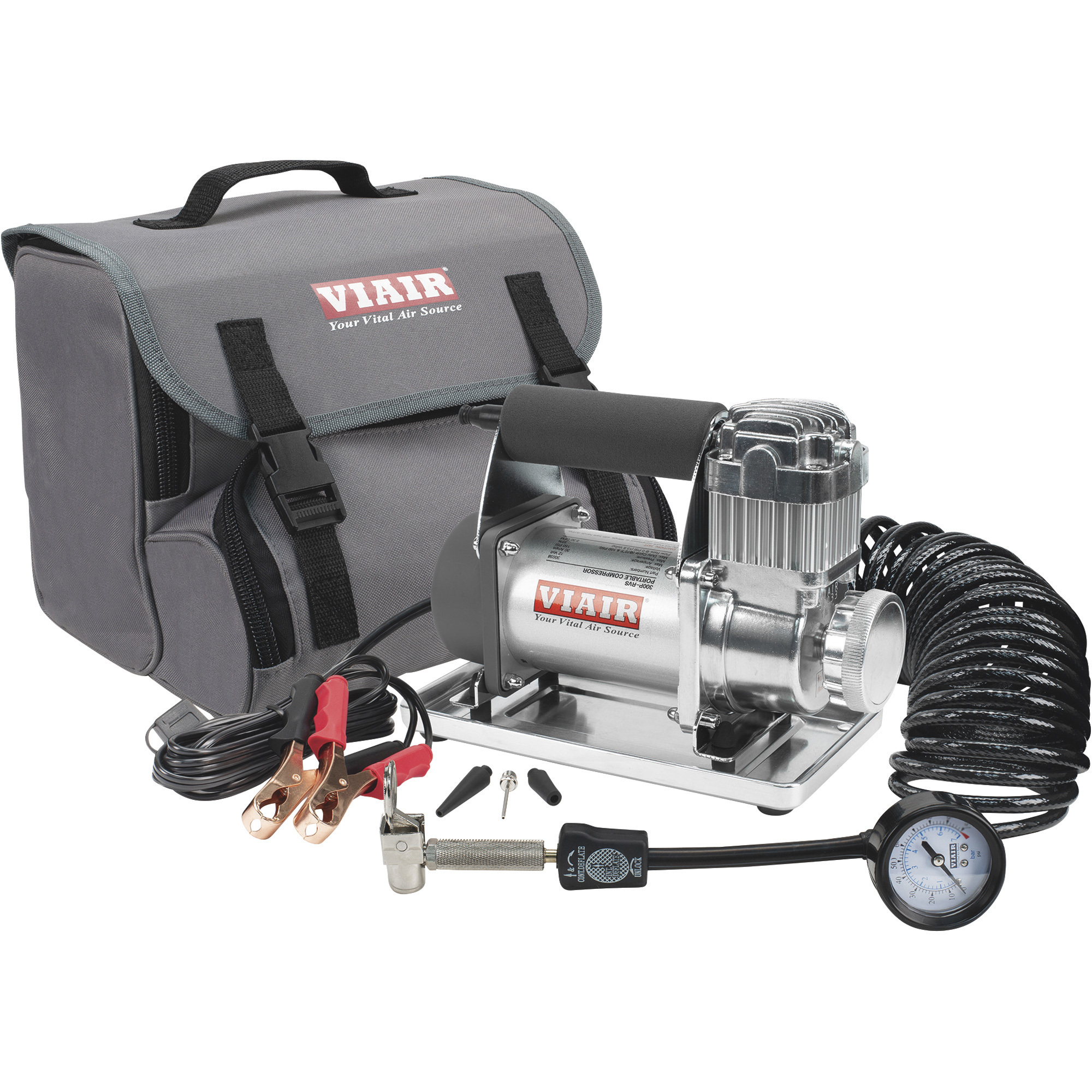 VIAIR 12 Volt Portable Tire Inflator Kit, 30 Amps, 150 Max. PSI, 2.30 CFM, Model# 300P-RVS